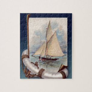 Vintage-Segelschiff mit Rettungsring, Seil und Ank Puzzle