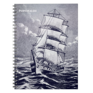 Vintage Segelschiff Zeichnung Navy Schwarz Küste Notizblock
