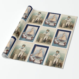 VINTAGE SEGELSCHULJUNGE, SEGLBOOT,ANKER UND RETTUN GESCHENKPAPIER