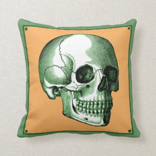 Vintage-Seitansicht Grün und Tangerine-Totenkopf-K Kissen