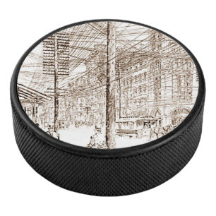 Vintage Sepia-Ätzprogrammlinien Eishockey Puck