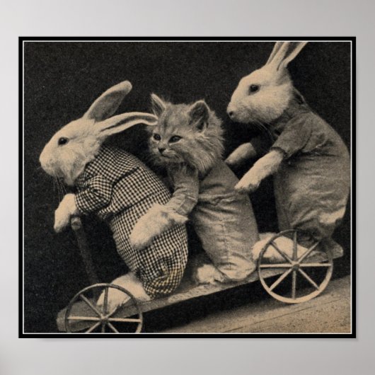 Vintage Sepia Bunnies & Kitten Osterkunst Poster (Vorne)