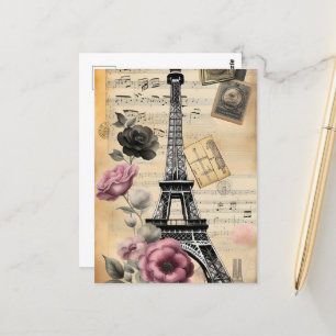 Vintage Sepia Eiffel Tower & Pink Blume Postkarte