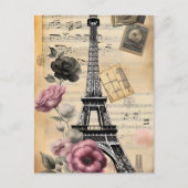 Vintage Sepia Eiffel Tower & Pink Blume Postkarte (Vorderseite)