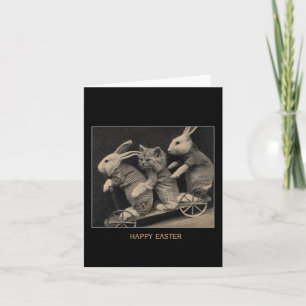 Vintage Sepia-Häschen u. Kätzchen Ostern Feiertagskarte