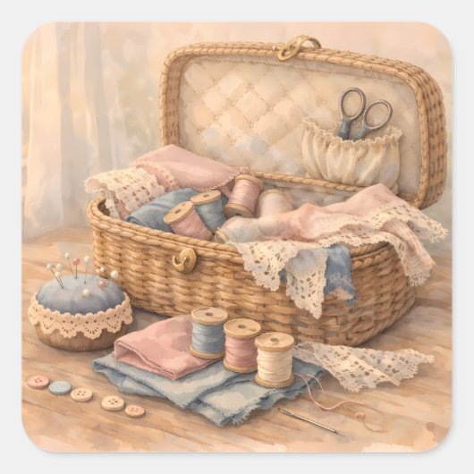 Vintage Sewing Basket Cottagecore Pastel Quadratischer Aufkleber (Vorderseite)