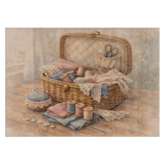 Vintage Sewing Basket Cottagecore Pastel Schneidebrett (Vorderseite)