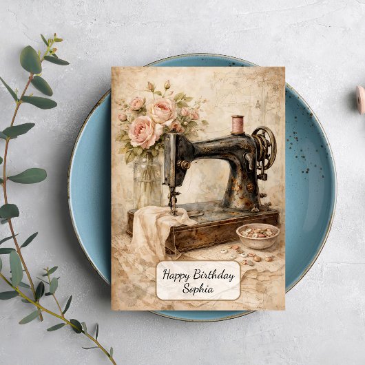 Vintage Sewing Machine Roses Karte