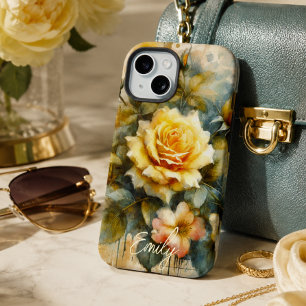 Vintage Shabby Chic Blassgelbe Rose mit individuel iPhone 15 Hülle
