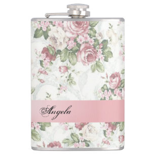 Vintage Shabby Chic Blumen - Personalisiert Flachmann