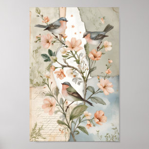 Vintage Shabby Chic Dekoupage Vogel Botanische Kun Poster