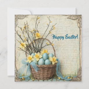 Vintage shabby chic Ostereier im Korb Narzisse Feiertagskarte