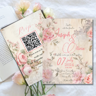 vintage shabby chic rosa mit rsvp qr hochzeit  einladung
