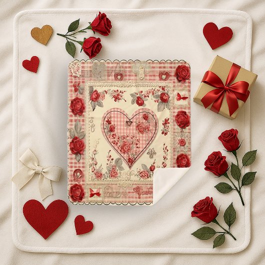 Vintage Shabby Chic Rose Heart Gingham Sherpadecke