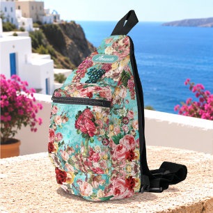 Vintage shabby chic Rosen und Vasen blau bedruckt Crossbody Bag