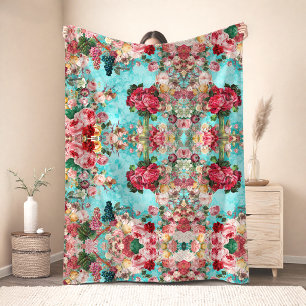 Vintage shabby chic Rosen und Vasen blau Fleecedecke