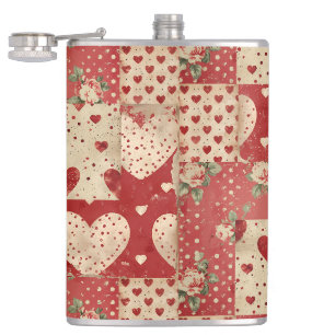 Vintage Shabby Chic rotes Patchworkmuster Flachmann