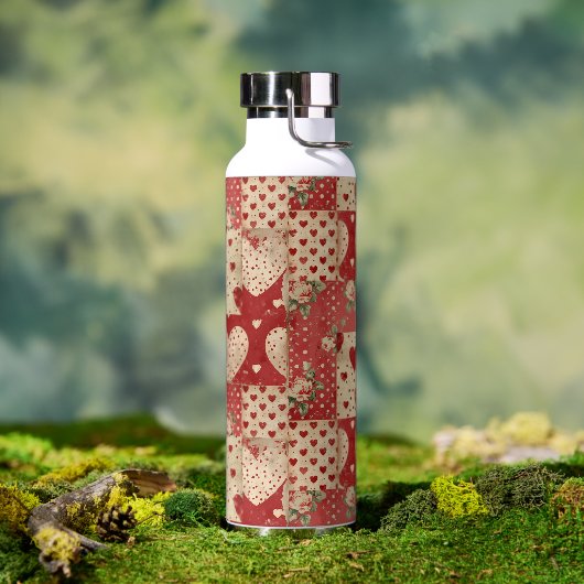 Vintage Shabby Chic rotes Patchworkmuster Trinkflasche (Außenbereich)