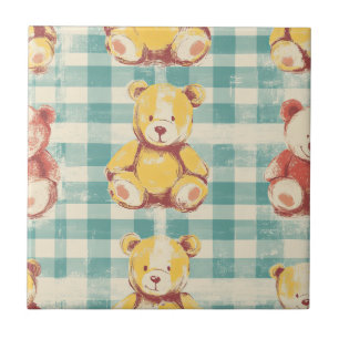 Vintage Shabby Chic Teddybär Gingham-Muster (3) Fliese