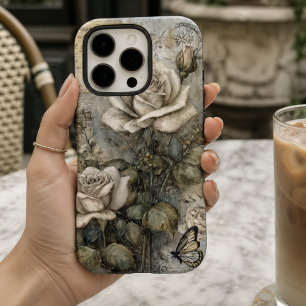 Vintage Shabby Chic Weiße Rose und Schmetterling iPhone 16 Pro Hülle