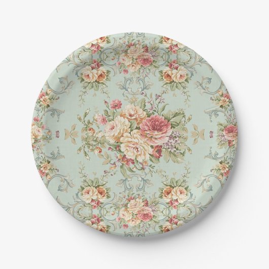 Vintage Shabby Floral Rose Rosa Elfenbein Pappteller (Vorderseite)