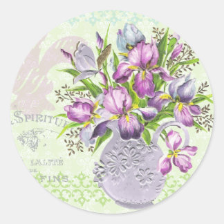 Vintage Shabby Purple Flowers Whimsical Green Runder Aufkleber