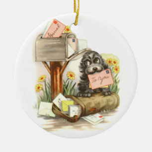 Vintage Shaggy Welpe mit Post Keramikornament