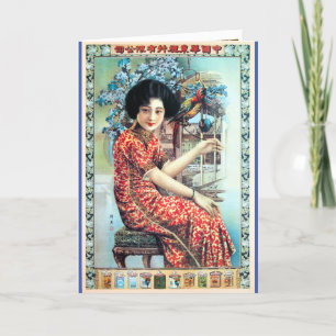 Vintage Shanghai China Frau mit Papagei Karte
