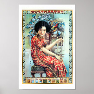Vintage Shanghai China Zigarette Ad Woman Parrot Poster