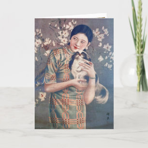 Vintage-Shanghai-Plakatwerbung Frau Papillon-Hund Karte