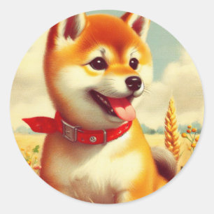 Vintage Shiba Inu Malerei Runder Aufkleber