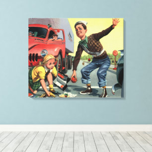 Vintage Sicherheitsstreife Ampelwächter hilft Mädc Leinwanddruck