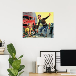 Vintage Sicherheitsstreife Ampelwärter hilft Mädch Poster