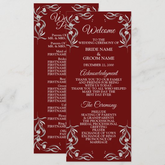 Vintage Silber Blumenmuster Rote elegante Hochzeit Programm (Vorne/Hinten)