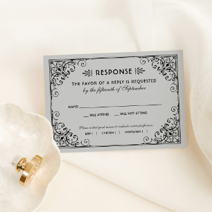 Vintage Silber- und Black Art Deco Hochzeit RSVP Karte