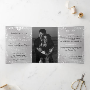 Vintage Silber- und Weiß-Ornamentik-Hochzeit Dreifach Gefaltete Ankündigung