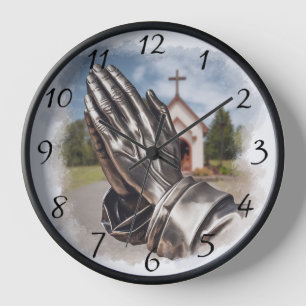 Vintage silberne betende Hände mit einer Kirche Uhr