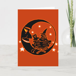 Vintage Silhouette-Hexe-Katze und Mond Karte