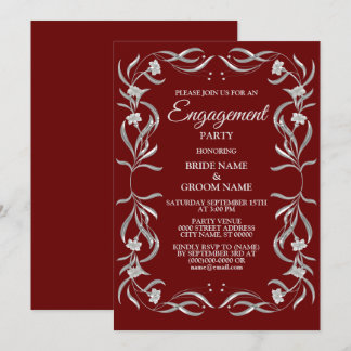 Vintage Silver Floral Pattern Red Engagement Party Einladung