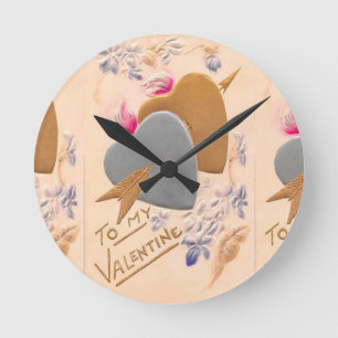 Vintage Silver & Gold Hearts Valentine Postcard Runde Wanduhr
