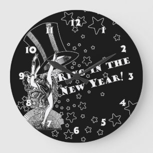 Vintage Silvester-Showgirl und Zylinder Große Wanduhr