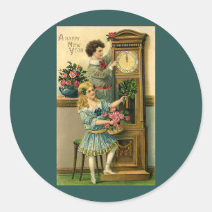 Vintage Silvester viktorianische Kinder und Uhr Runder Aufkleber