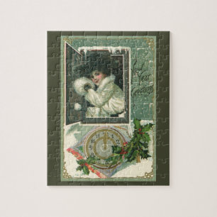 Vintage Silvestergrüße, viktorianisches Mädchen am Puzzle