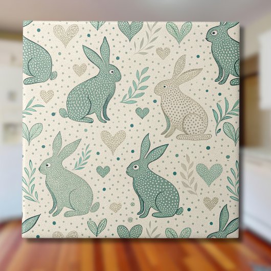 Vintage Simple Bunny Silhouettes Hearts Pattern Fliese