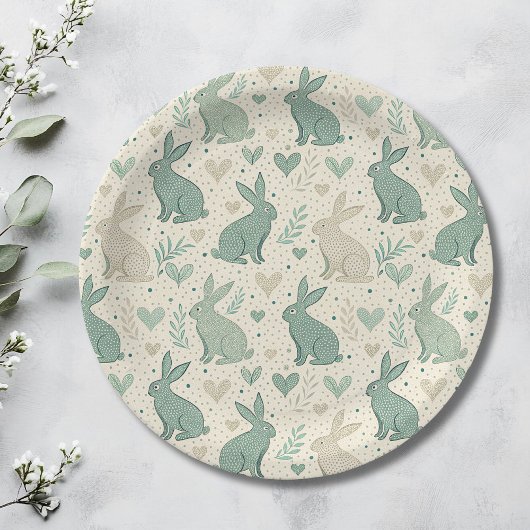 Vintage Simple Bunny Silhouettes Hearts Pattern Pappteller