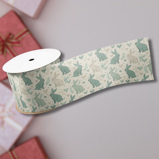 Vintage Simple Bunny Silhouettes Hearts Pattern Satinband