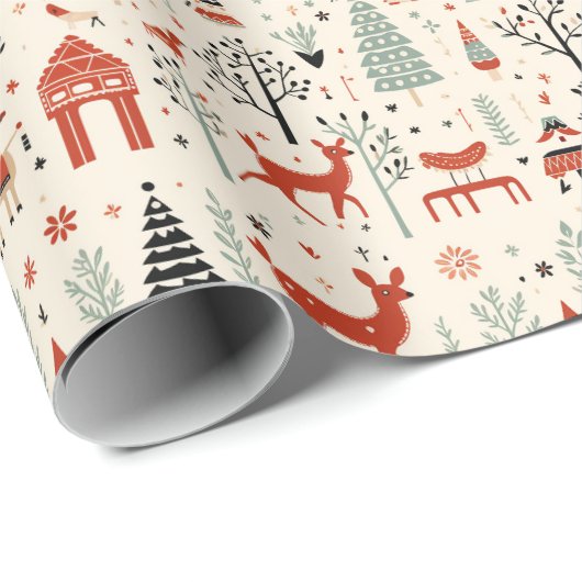 Vintage skandinavische WeihnachtsFolklore Geschenkpapier (Rolleneckpunkt)