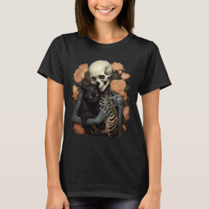 Vintage-Skelett hält eine schwarze Katze Halloween T-Shirt