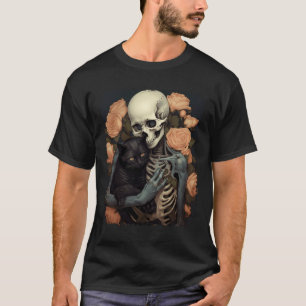 Vintage-Skelett hält eine schwarze Katze Halloween T-Shirt