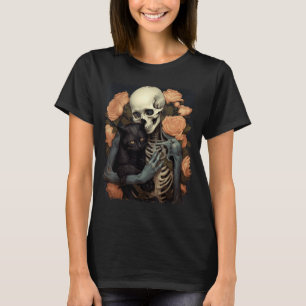 Vintage-Skelett hält Halloween-Schwarze Katze T-Shirt